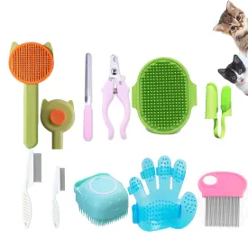 10PCS Cat&Dog Grooming Brush Kit,Self-Cleaning Grooming Brush Removes Loose Hair，Pet bath brush,Bath Massage Glove Brush, Nail Clipper, Flea Comb 10PCS