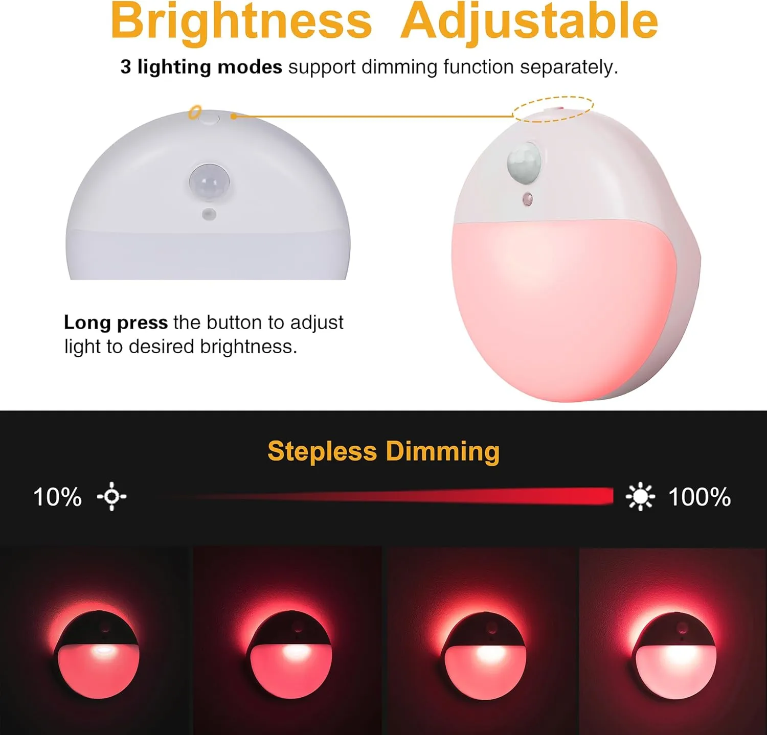 2 Pack Stair Lights Indoor, Stick on Lights, Motion Sensor Night Light, Dimmable, 3 Modes, Portable Battery Night Light for Travel, Tents, Kids, Toliet, Bathroom, Bedroom, Red, as Gifts