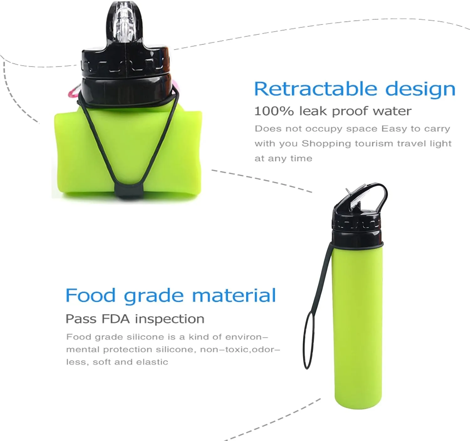 21oz 600ml Silicone Travel Water Bottle, Reusable Water Bottles For School, Collapsible Water Bottles for Traveling, Foldable Sports Water Bottle Squeeze, Travel Essentials(Green)