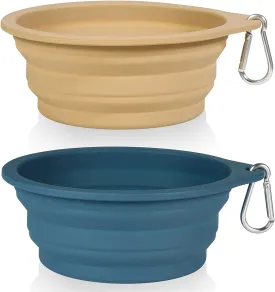 2Pack Collapsible Dog Bowl,Integrated Molding Travel Bowl No Plastic Rim Pet Feeding Bowls for Walking Traveling Outdoors,600Ml (Navy Blue Khaki)