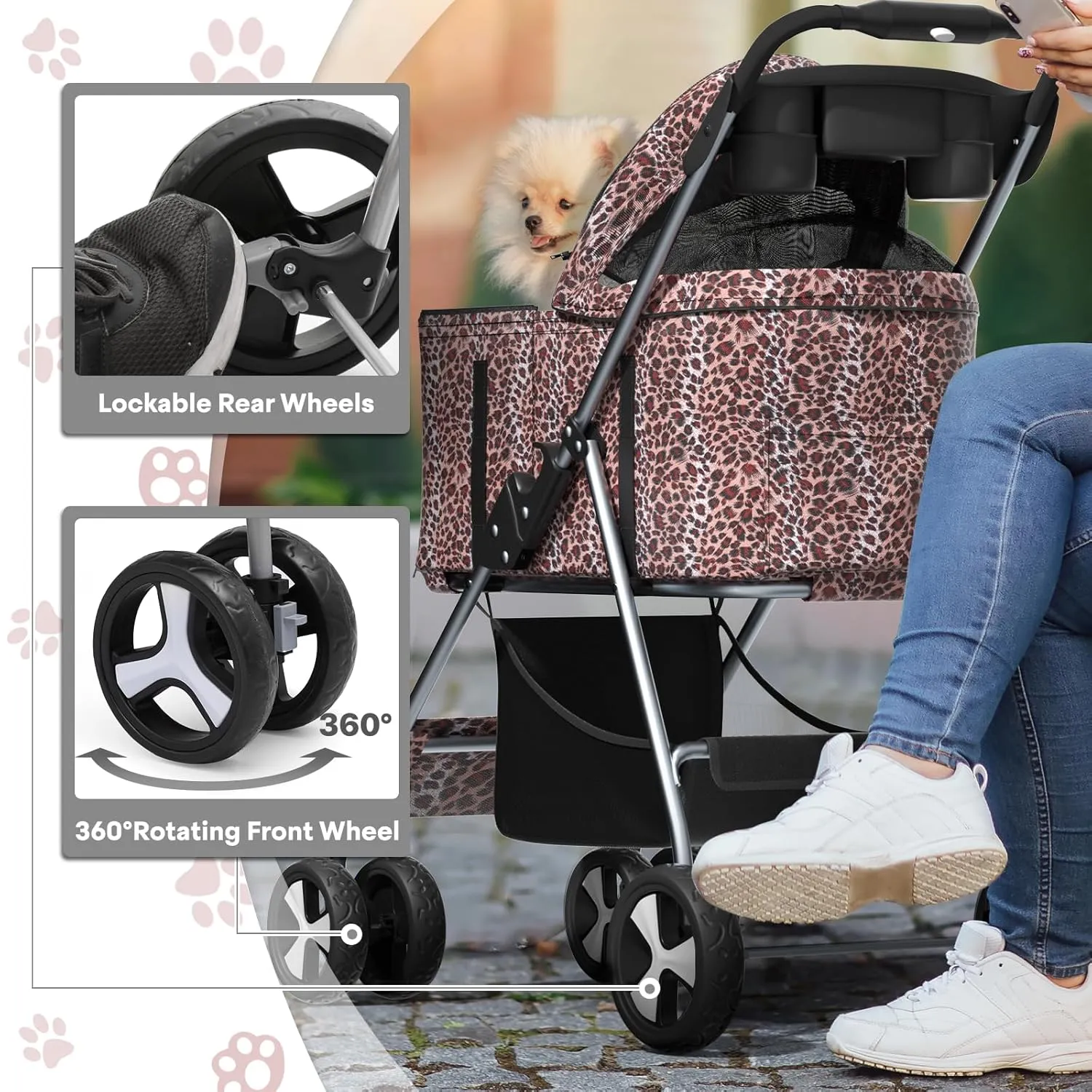 3-in-1 Foldable Pet Stroller with Detachable Carrier and Car Seat, Push-Button Entry, for Small to Medium Pets up to 33 lbs, Leopard Print