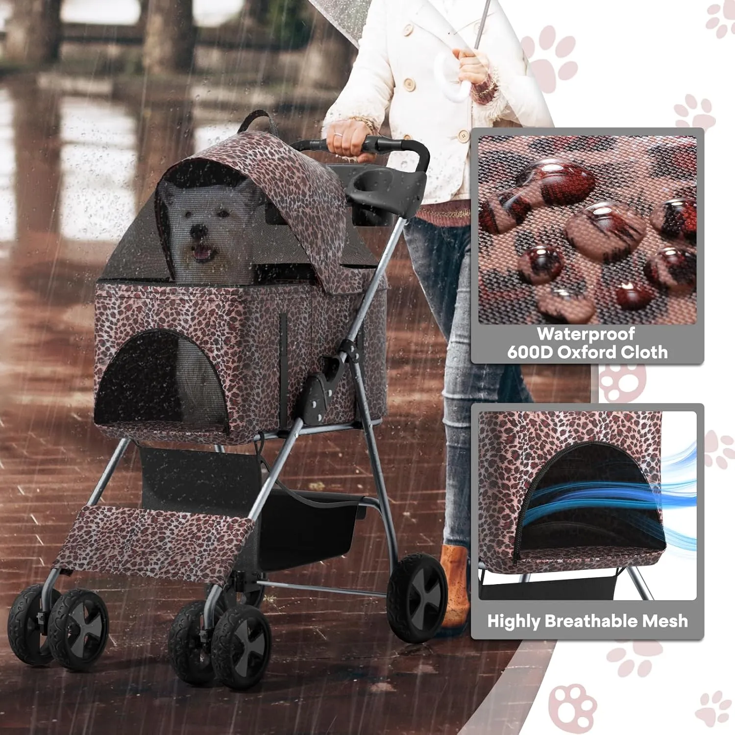 3-in-1 Foldable Pet Stroller with Detachable Carrier and Car Seat, Push-Button Entry, for Small to Medium Pets up to 33 lbs, Leopard Print