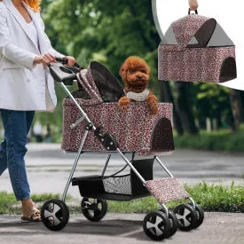 3-in-1 Foldable Pet Stroller with Detachable Carrier and Car Seat, Push-Button Entry, for Small to Medium Pets up to 33 lbs, Leopard Print
