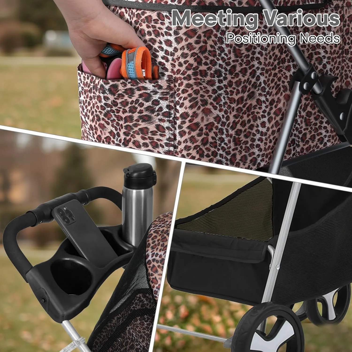 3-in-1 Foldable Pet Stroller with Detachable Carrier and Car Seat, Push-Button Entry, for Small to Medium Pets up to 33 lbs, Leopard Print
