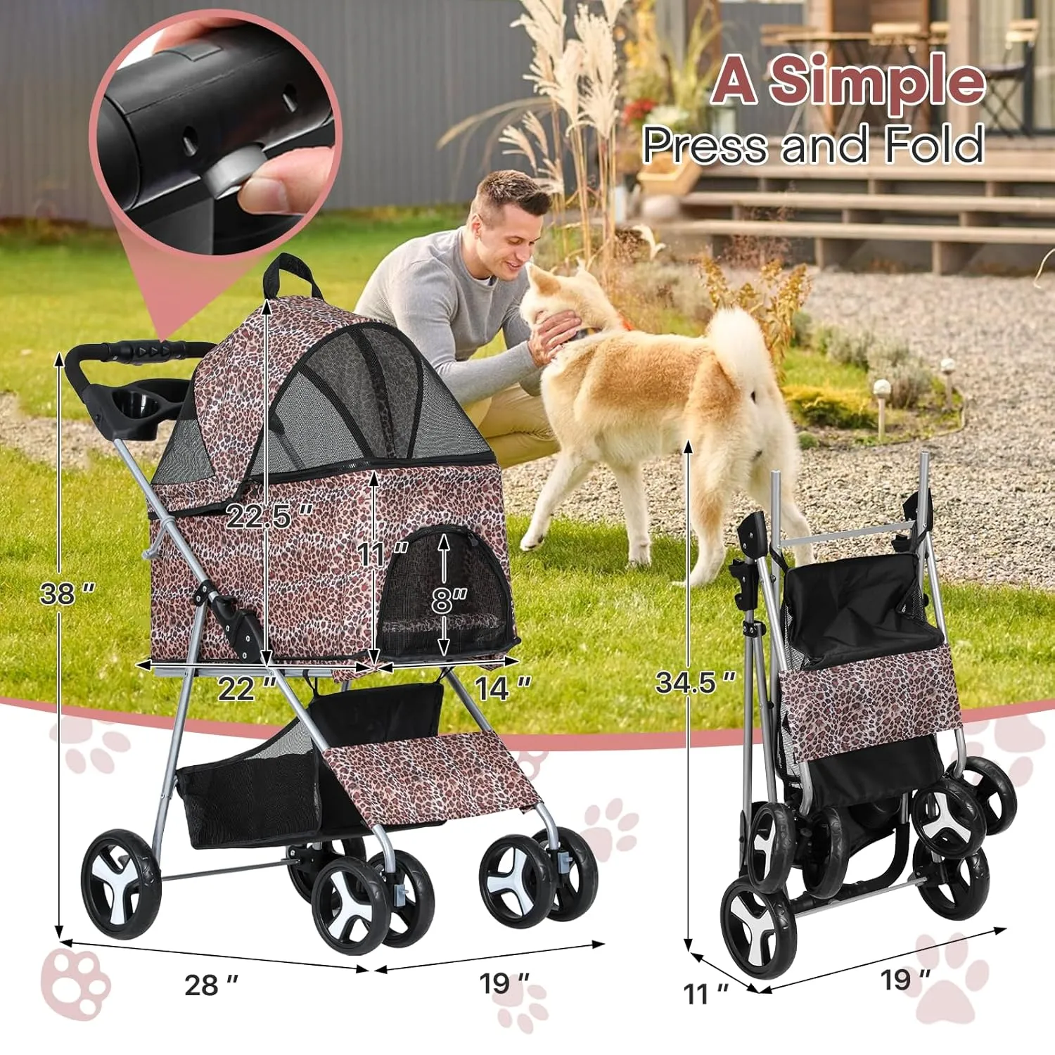 3-in-1 Foldable Pet Stroller with Detachable Carrier and Car Seat, Push-Button Entry, for Small to Medium Pets up to 33 lbs, Leopard Print