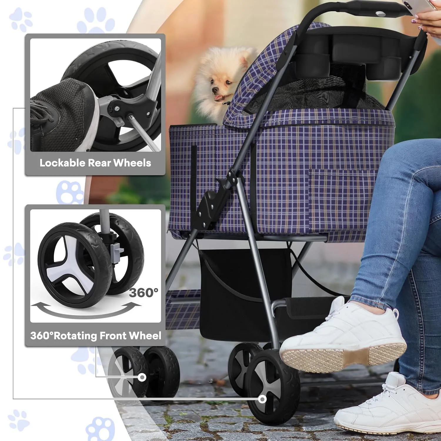 3-in-1 Foldable Pet Stroller with Detachable Carrier and Car Seat, Push-Button Entry, for Small to Medium Pets up to 33 lbs, Plaid