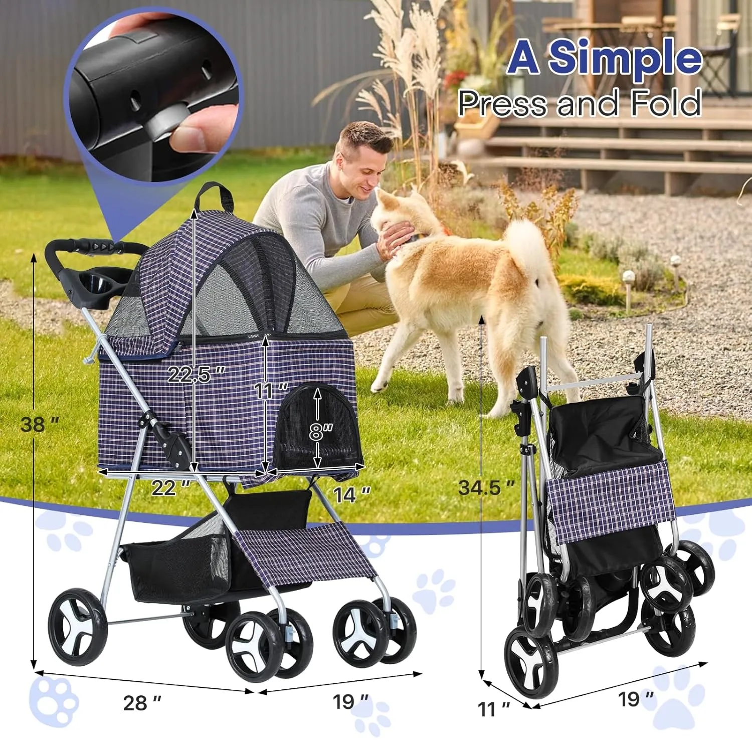 3-in-1 Foldable Pet Stroller with Detachable Carrier and Car Seat, Push-Button Entry, for Small to Medium Pets up to 33 lbs, Plaid