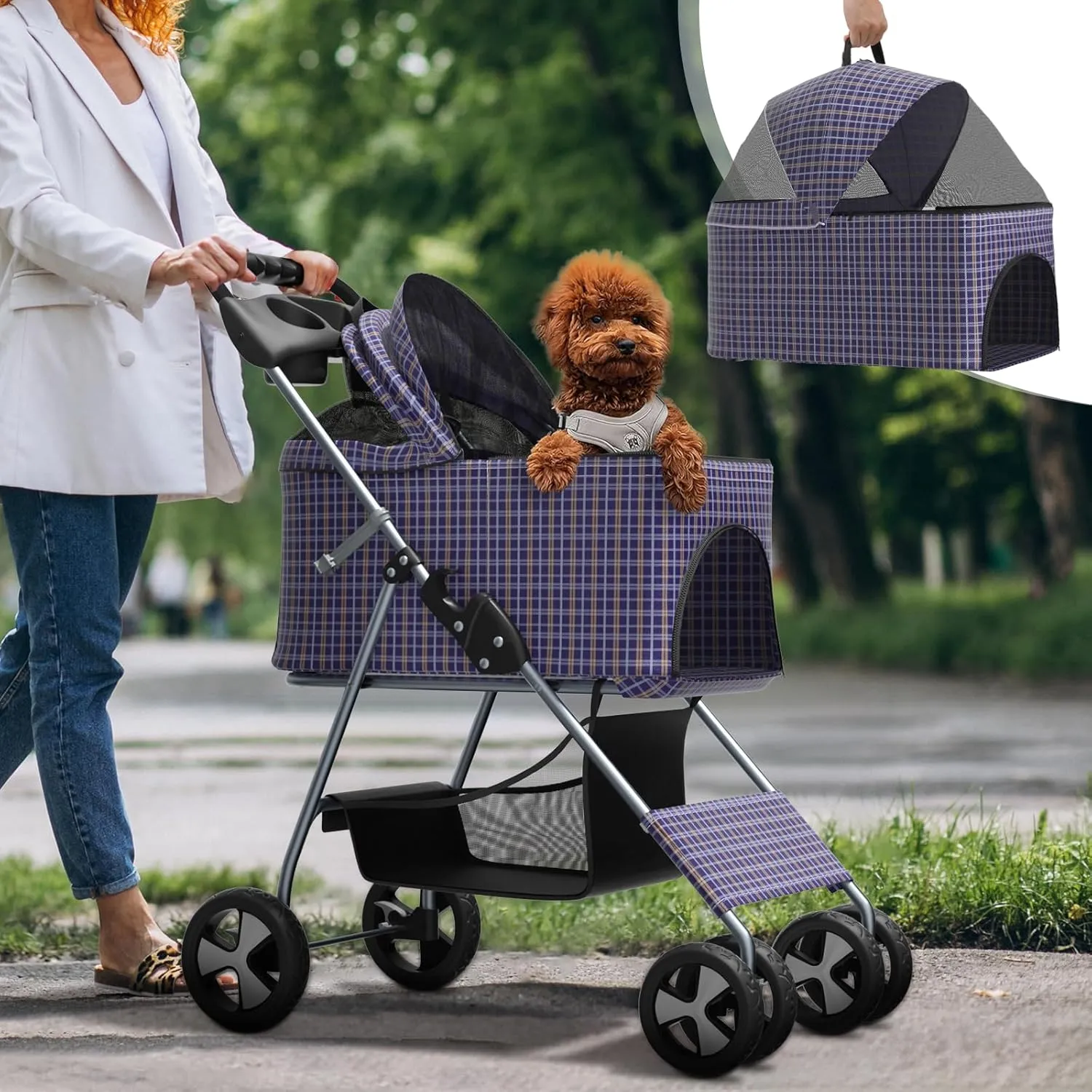 3-in-1 Foldable Pet Stroller with Detachable Carrier and Car Seat, Push-Button Entry, for Small to Medium Pets up to 33 lbs, Plaid