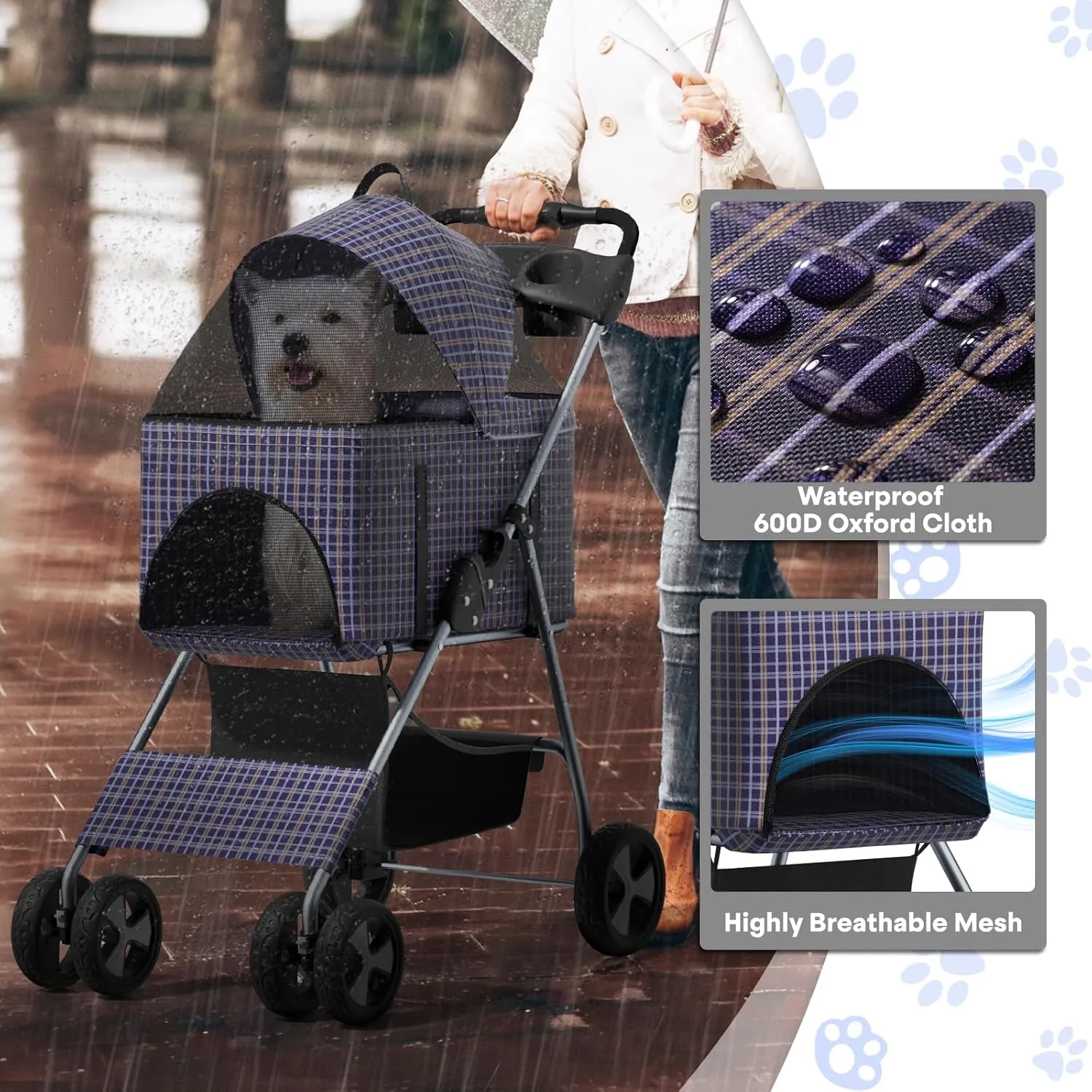 3-in-1 Foldable Pet Stroller with Detachable Carrier and Car Seat, Push-Button Entry, for Small to Medium Pets up to 33 lbs, Plaid