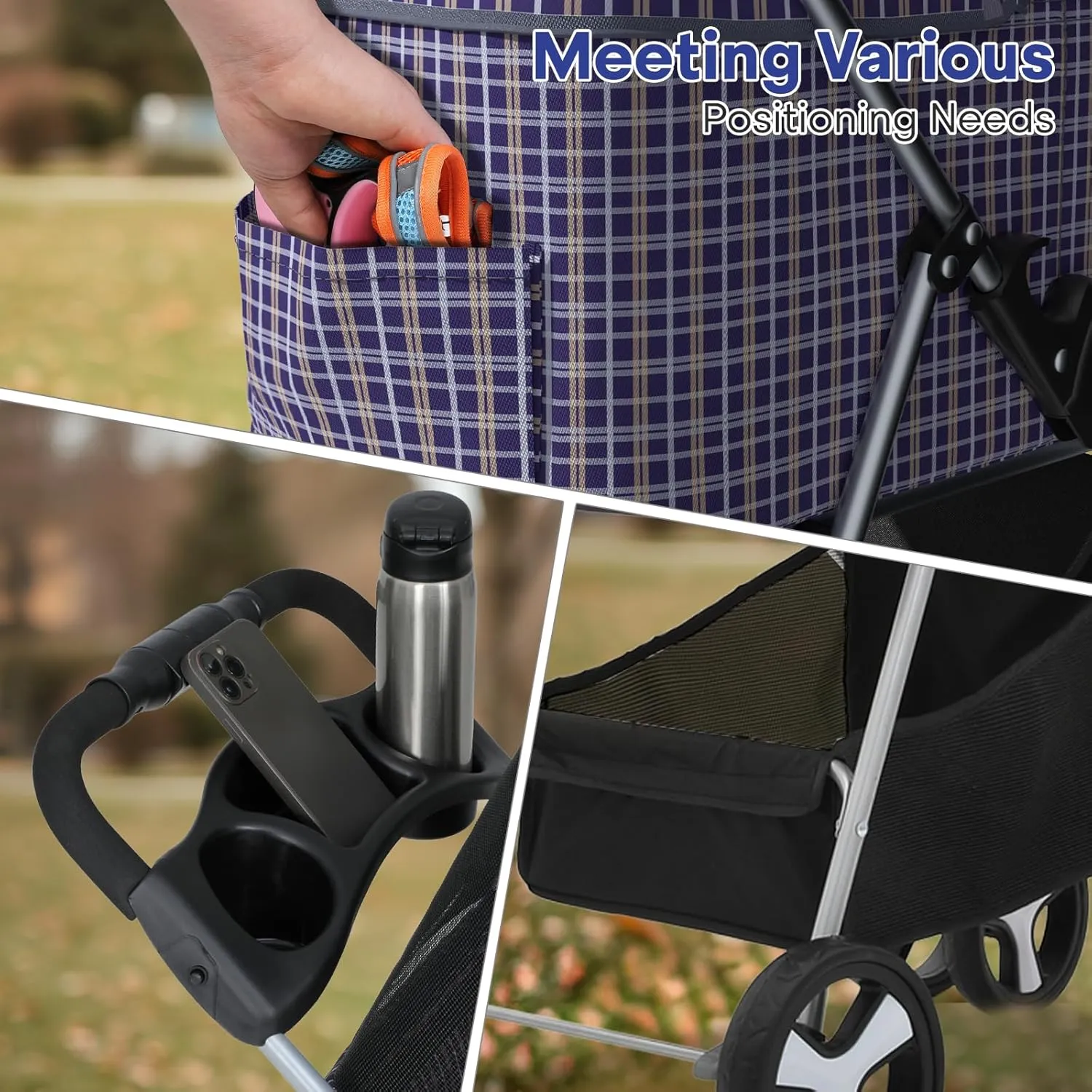 3-in-1 Foldable Pet Stroller with Detachable Carrier and Car Seat, Push-Button Entry, for Small to Medium Pets up to 33 lbs, Plaid