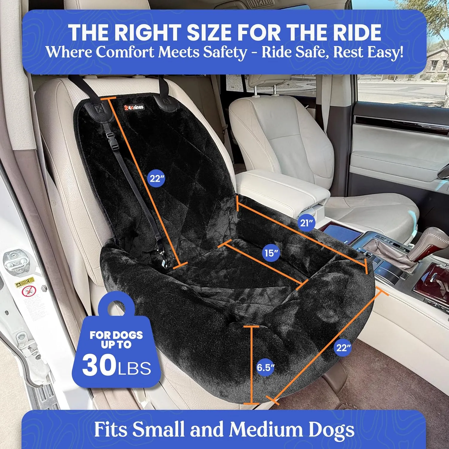 4Knines Dog Car Seat  Plush Travel Dog Bed for Cars, SUVs & Trucks  Soft, Supportive & Secure Ride for Small and Medium Dogs  Non-Slip, Easy to Install & Clean - Black