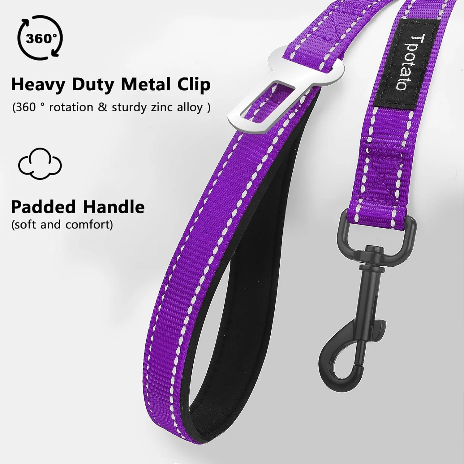 6 Foot Purple Dog Leashes for Large Medium and Small Breed Dogs That Pull,Reflective Nylon Heavy Duty Dog Leash with 2 Comfortable Padded Traffic Handles and Car Seat Belt for Walking and Training