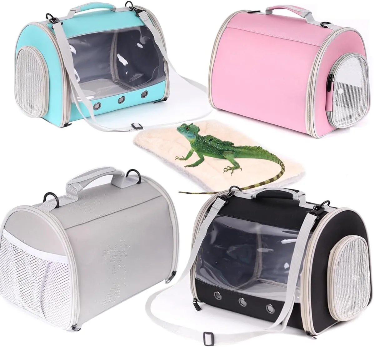 Bearded Dragon Travel Carrier with Security Printing Harness Leash Set,Lizard Carrier Cage,Guinea Pig Carrier for 2,Reptile Travel Carrier for Leopard Gecko Desert Iguana Crested Geckos