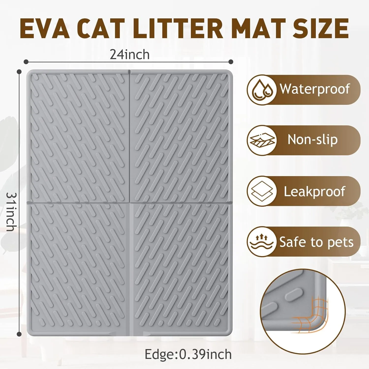 Cat Litter Mat with Grooves & Raised Edge,Urineproof/Waterproof,Litter Scattering Control,Easy to Clean (31 * 24in-Grey-1)