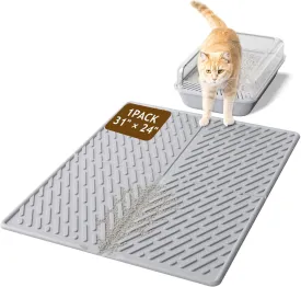 Cat Litter Mat with Grooves & Raised Edge,Urineproof/Waterproof,Litter Scattering Control,Easy to Clean (31 * 24in-Grey-1)