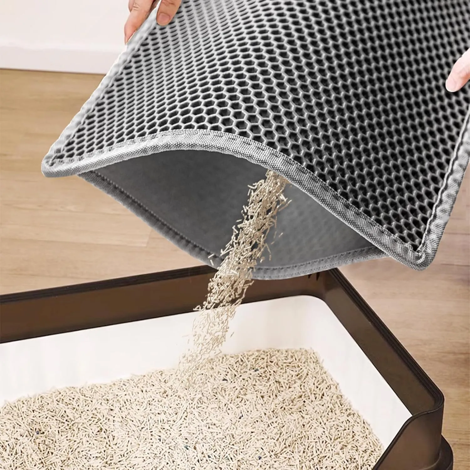 Cat Litter Traping Mat, Large 30" X 24" EVA Cat Litter Box Mat, Double Layer Honeycomb Holes Scatter Control, Gray