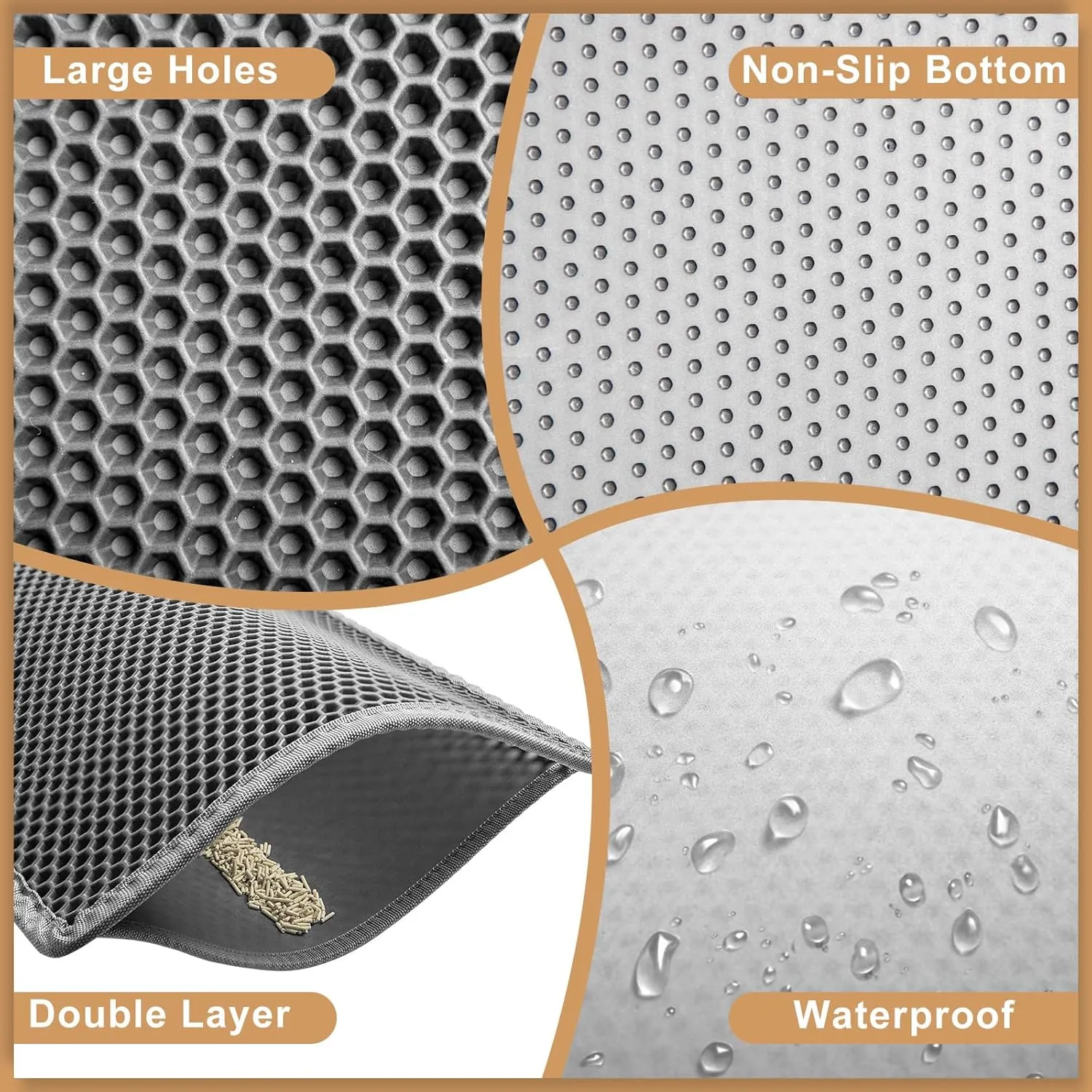 Cat Litter Traping Mat, Large 30" X 24" EVA Cat Litter Box Mat, Double Layer Honeycomb Holes Scatter Control, Gray