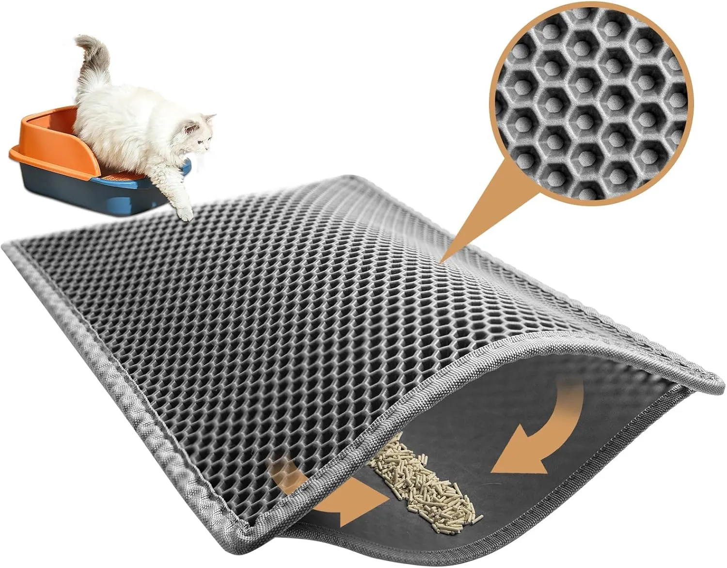 Cat Litter Traping Mat, Large 30" X 24" EVA Cat Litter Box Mat, Double Layer Honeycomb Holes Scatter Control, Gray