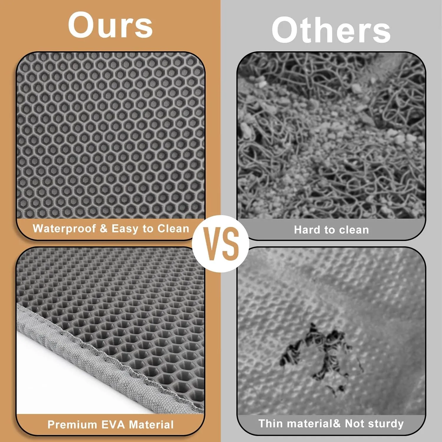 Cat Litter Traping Mat, Large 30" X 24" EVA Cat Litter Box Mat, Double Layer Honeycomb Holes Scatter Control, Gray