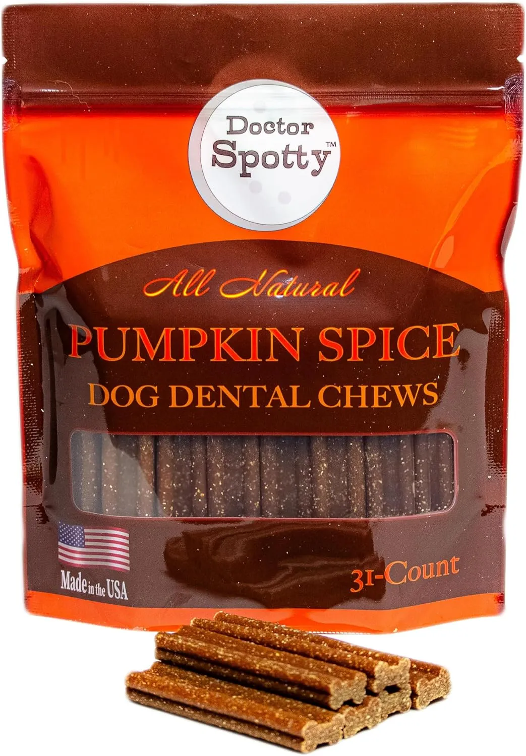 Doctor Spotty Dog Dental Chews, Wholesome, Healthy Dog Chews, Natural and Grain-Free, Made in The USA (Pumpkin Spice, 31 Ct)