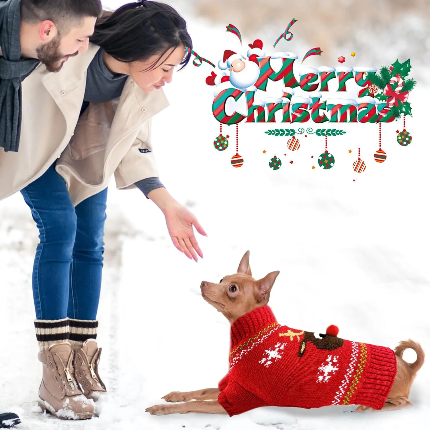 Dog Christmas Sweater Soft Warm Fall Winter Turtleneck Knitted Puppy Clothes Cute Reindeer Red Doggy Sweatshirts Ugly Xmas Short Sleeves Pet Clothing for Small Medium Large Dog Cat(Red,S)