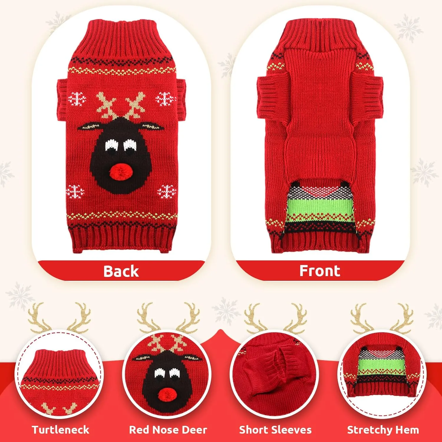 Dog Christmas Sweater Soft Warm Fall Winter Turtleneck Knitted Puppy Clothes Cute Reindeer Red Doggy Sweatshirts Ugly Xmas Short Sleeves Pet Clothing for Small Medium Large Dog Cat(Red,S)