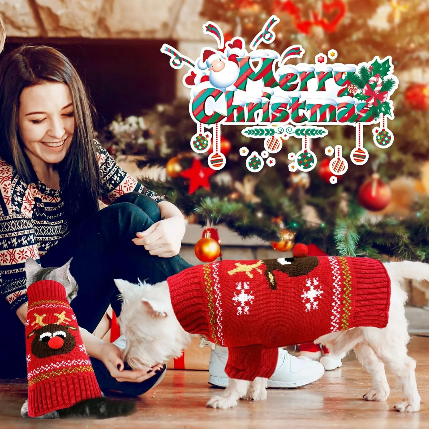 Dog Christmas Sweater Soft Warm Fall Winter Turtleneck Knitted Puppy Clothes Cute Reindeer Red Doggy Sweatshirts Ugly Xmas Short Sleeves Pet Clothing for Small Medium Large Dog Cat(Red,S)