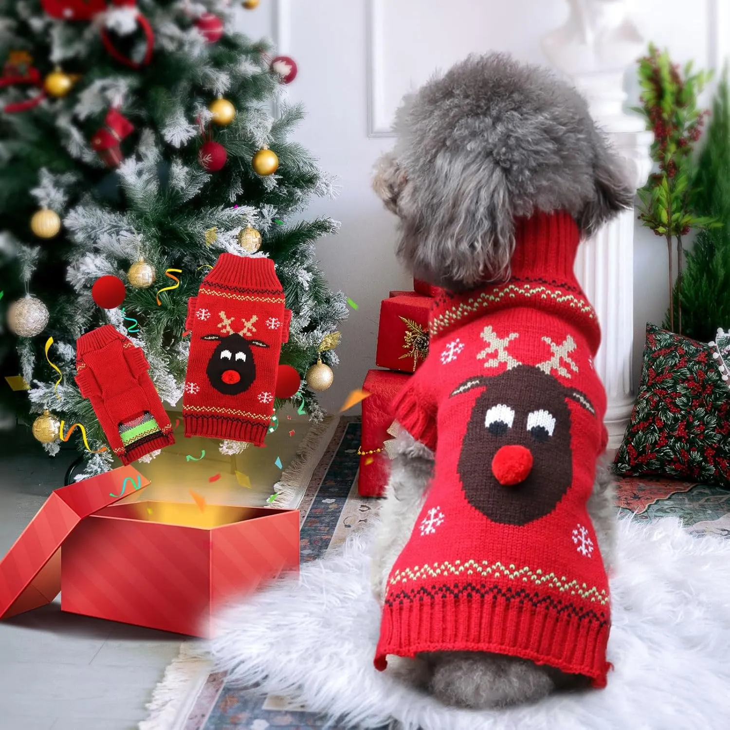 Dog Christmas Sweater Soft Warm Fall Winter Turtleneck Knitted Puppy Clothes Cute Reindeer Red Doggy Sweatshirts Ugly Xmas Short Sleeves Pet Clothing for Small Medium Large Dog Cat(Red,S)