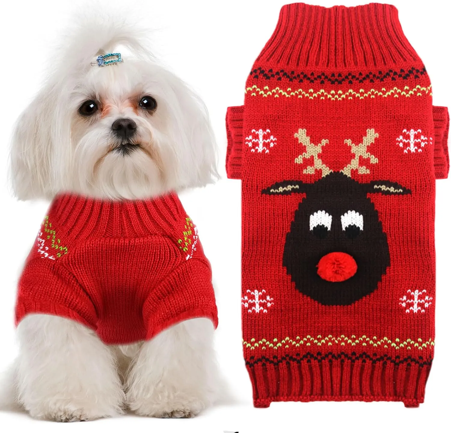 Dog Christmas Sweater Soft Warm Fall Winter Turtleneck Knitted Puppy Clothes Cute Reindeer Red Doggy Sweatshirts Ugly Xmas Short Sleeves Pet Clothing for Small Medium Large Dog Cat(Red,S)