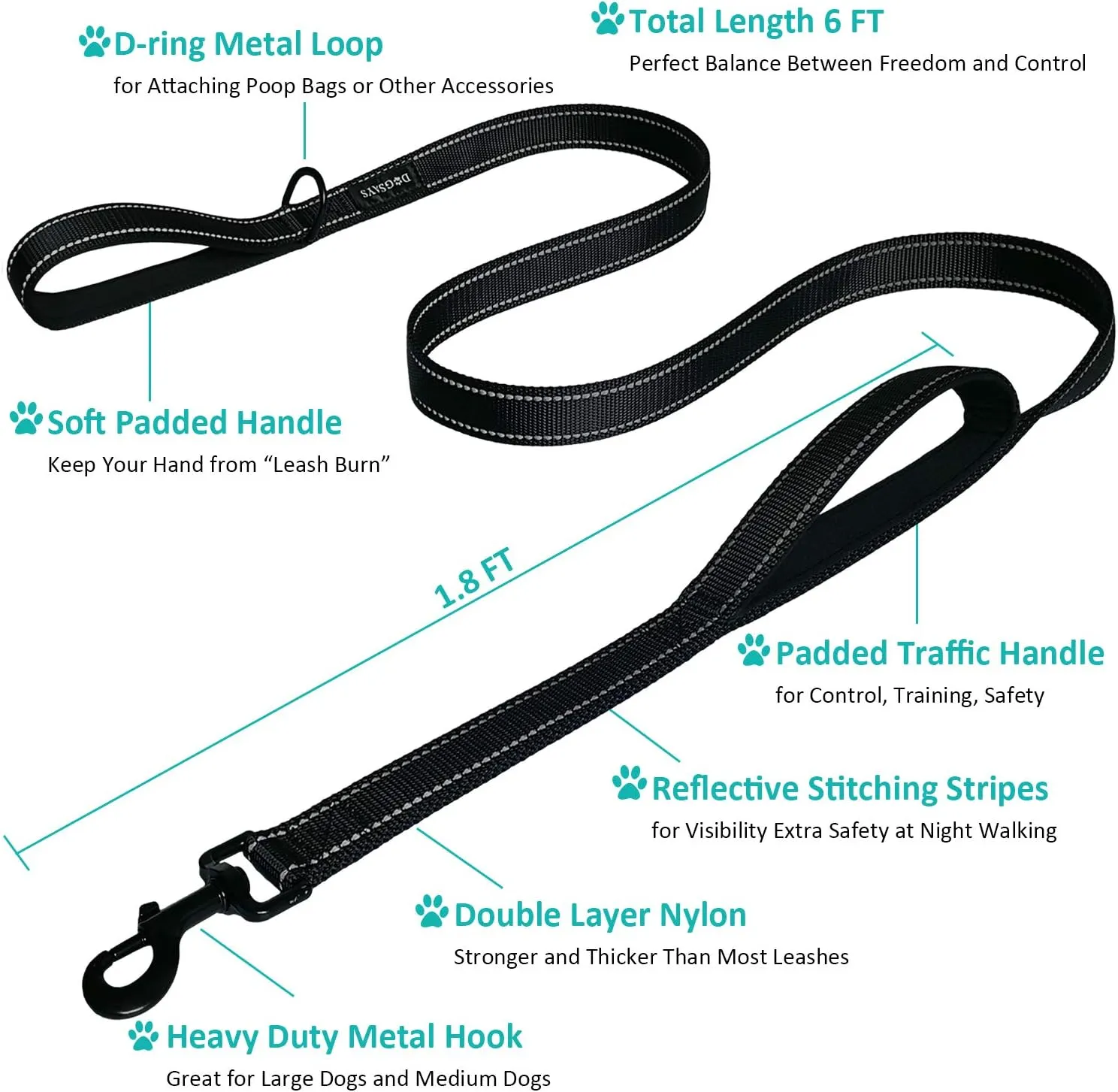 Dog Leash 6 Foot Long Traffic Padded Two Handle Heavy Duty Lead for Large or Medium Dogs Training Reflective Leashes (6 Foot, Pack of 1, Black)