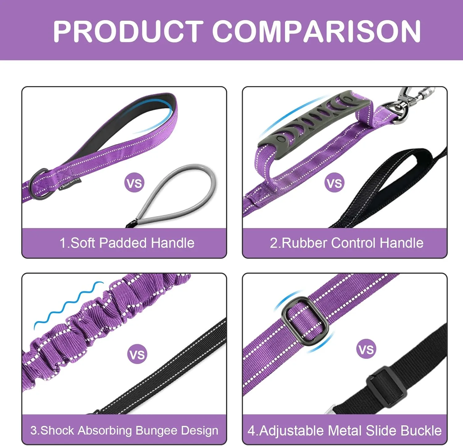 Dog Leash for Medium Large Dogs Heavy Duty 2 Pack, 4-6FT Reflective Tactical Dog Leash Shock Absorbing No Pull Bungee Lead with 2 Padded Handle Car Seatbelt Metal Carabiner Clip,Pink Purple