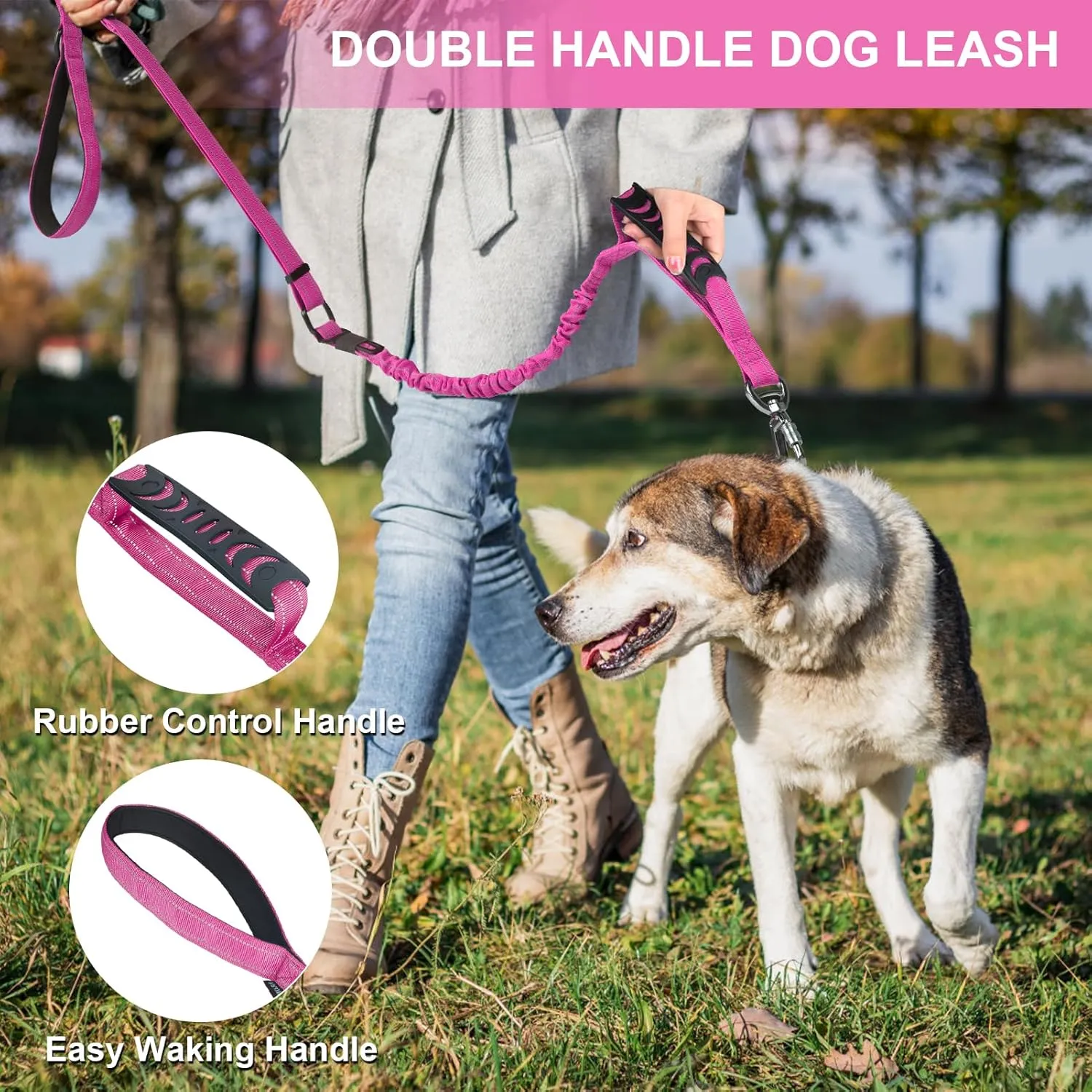 Dog Leash for Medium Large Dogs Heavy Duty 2 Pack, 4-6FT Reflective Tactical Dog Leash Shock Absorbing No Pull Bungee Lead with 2 Padded Handle Car Seatbelt Metal Carabiner Clip,Pink Purple