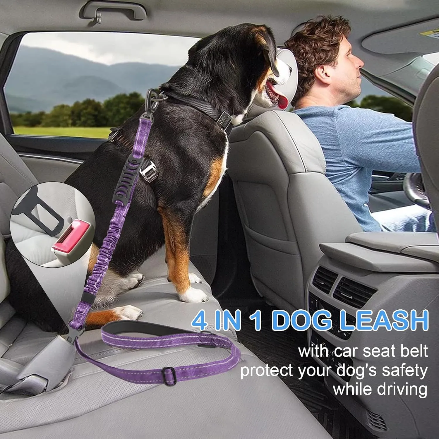 Dog Leash for Medium Large Dogs Heavy Duty 2 Pack, 4-6FT Reflective Tactical Dog Leash Shock Absorbing No Pull Bungee Lead with 2 Padded Handle Car Seatbelt Metal Carabiner Clip,Pink Purple