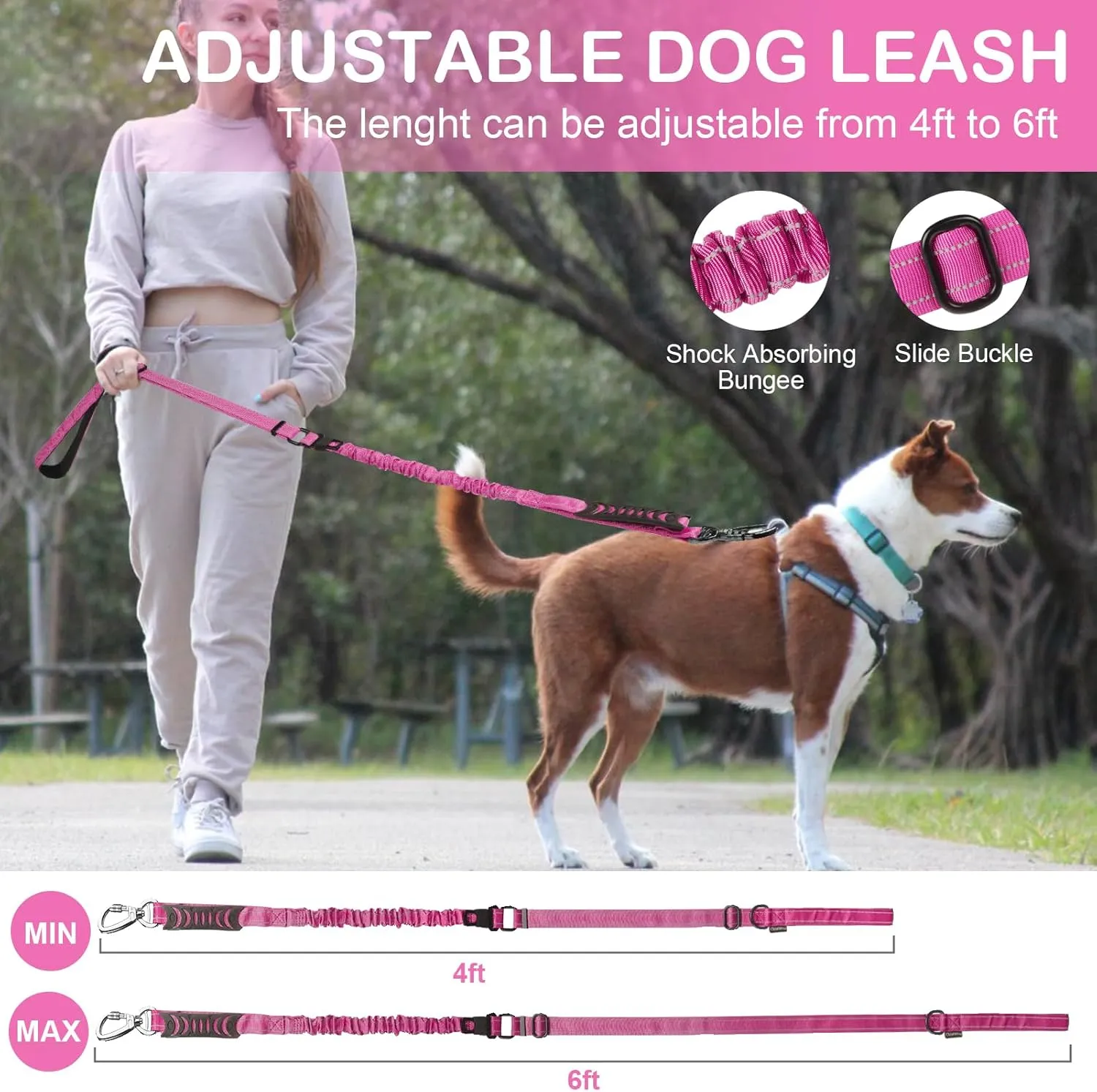 Dog Leash for Medium Large Dogs Heavy Duty 2 Pack, 4-6FT Reflective Tactical Dog Leash Shock Absorbing No Pull Bungee Lead with 2 Padded Handle Car Seatbelt Metal Carabiner Clip,Pink Purple