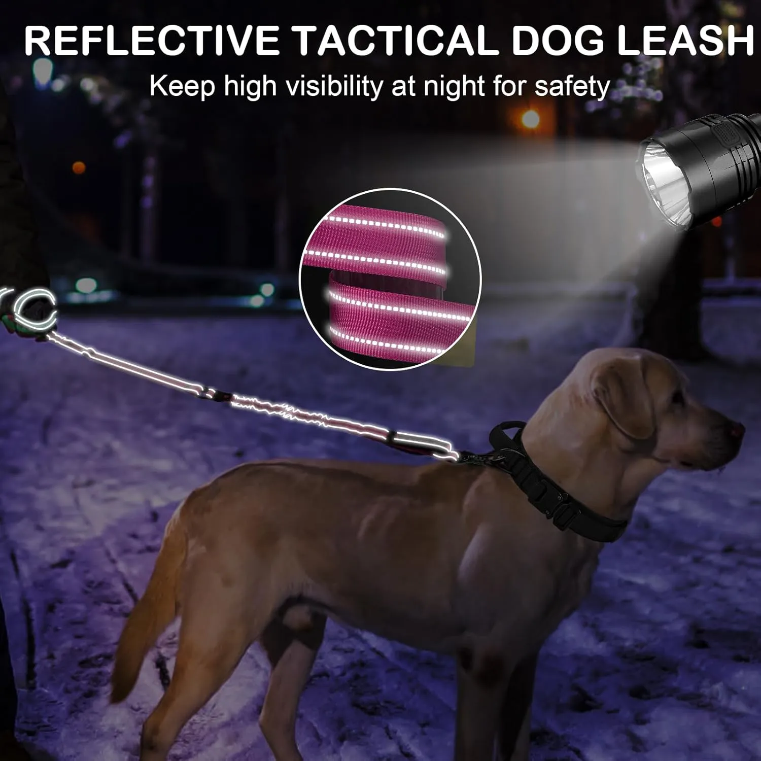 Dog Leash for Medium Large Dogs Heavy Duty 2 Pack, 4-6FT Reflective Tactical Dog Leash Shock Absorbing No Pull Bungee Lead with 2 Padded Handle Car Seatbelt Metal Carabiner Clip,Pink Purple