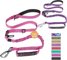 Dog Leash for Medium Large Dogs Heavy Duty 2 Pack, 4-6FT Reflective Tactical Dog Leash Shock Absorbing No Pull Bungee Lead with 2 Padded Handle Car Seatbelt Metal Carabiner Clip,Pink Purple
