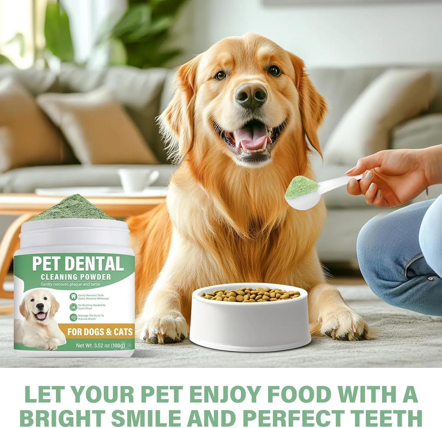 Dog Teeth Cleaning Powder, 100G Dog Dental Powder, Removing Plaque, Tartar, and Bad Breath, Natural Formula Clean Teeth & Fresh Breath, No Brushing Needed, Easy to Use Oral Care for Dogs & Cats