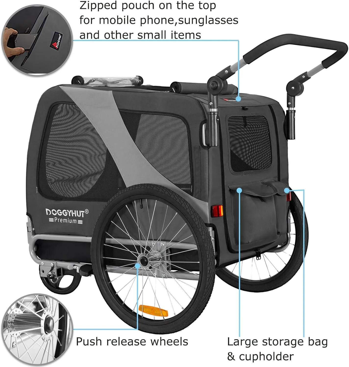 DOGGYHUT Premium Large/XL Pet Bike Trailer & Stroller for Large Sized Dog or Multiple Small Dogs,Low Center of Gravity,Parking Brakes,Easy Folding Frame,Bicycle Carrier