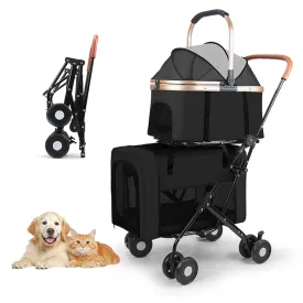 Eanpet Pet Stroller for 2 Dogs & 2 Cats 4Wheels Double Dog Strollers with Detachable Carriers Foldable Pet Travel Jogger Stroller Removable Cat Carrier Bag for Small Medium Dogs 40 lbs,Black