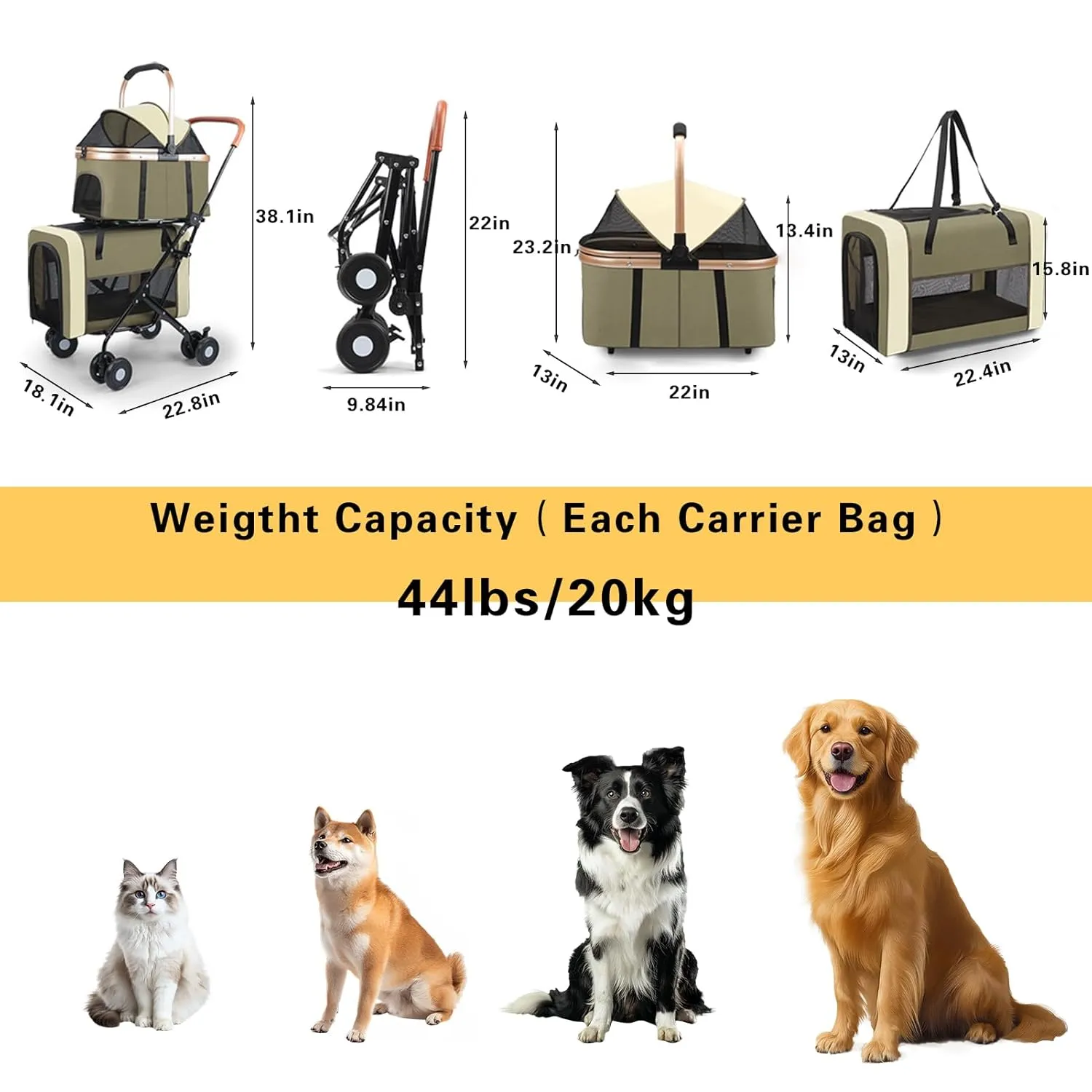 Eanpet Pet Stroller for 2 Dogs & 2 Cats 4Wheels Double Dog Strollers with Detachable Carriers Foldable Pet Travel Jogger Stroller Removable Cat Carrier Bag for Small Medium Dogs 40 lbs,Black