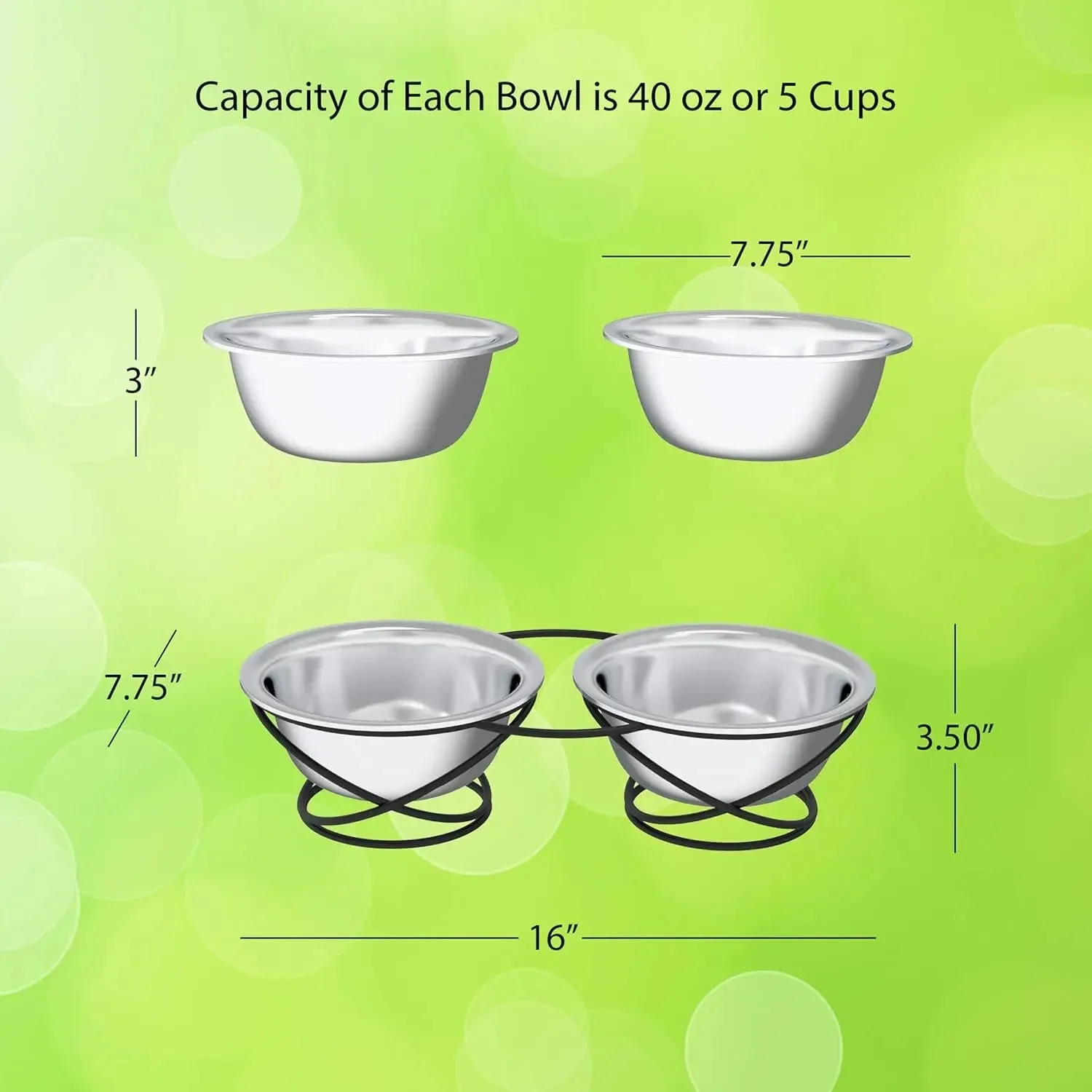 Elevated Dog Bowls - Stainless-Steel 40 OZ Large Food and Water Bowls for Pets with Raised 3.5-Inch-Tall Decorative Stand by ,Silver/Black