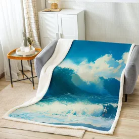 Feelyou Throw Blanket for Kids Adults Women Men Ocean Wave Sherpa Blanket for Bed Couch Hawaiian Tropical Wave Surfing Fleece Blue Sea Summer Plush Soft Fuzzy50 x60