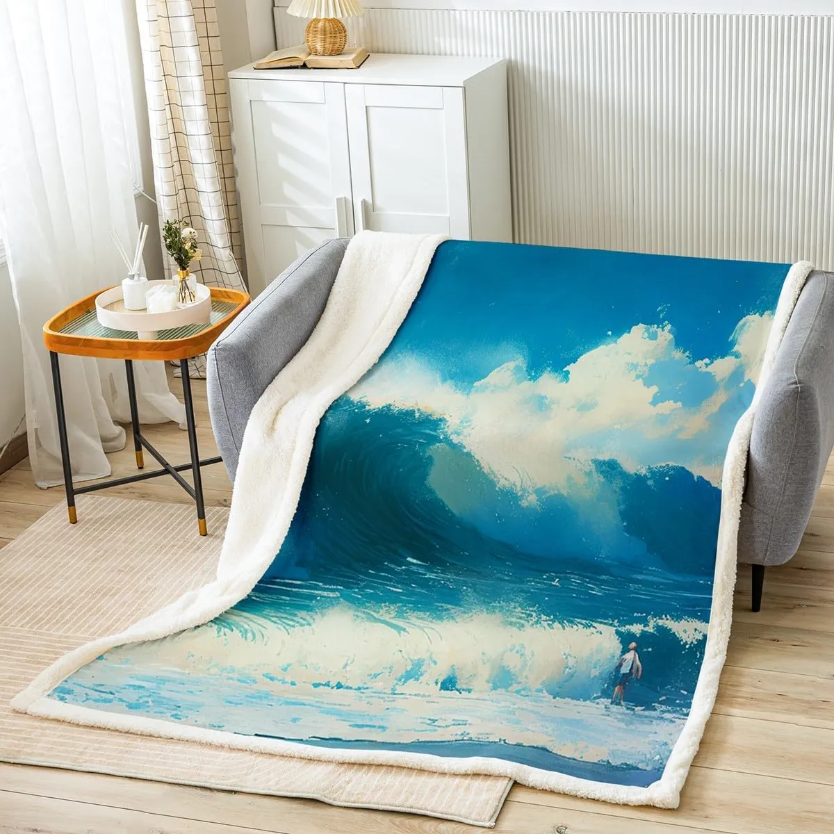 Feelyou Throw Blanket for Kids Adults Women Men Ocean Wave Sherpa Blanket for Bed Couch Hawaiian Tropical Wave Surfing Fleece Blue Sea Summer Plush Soft Fuzzy50 x60