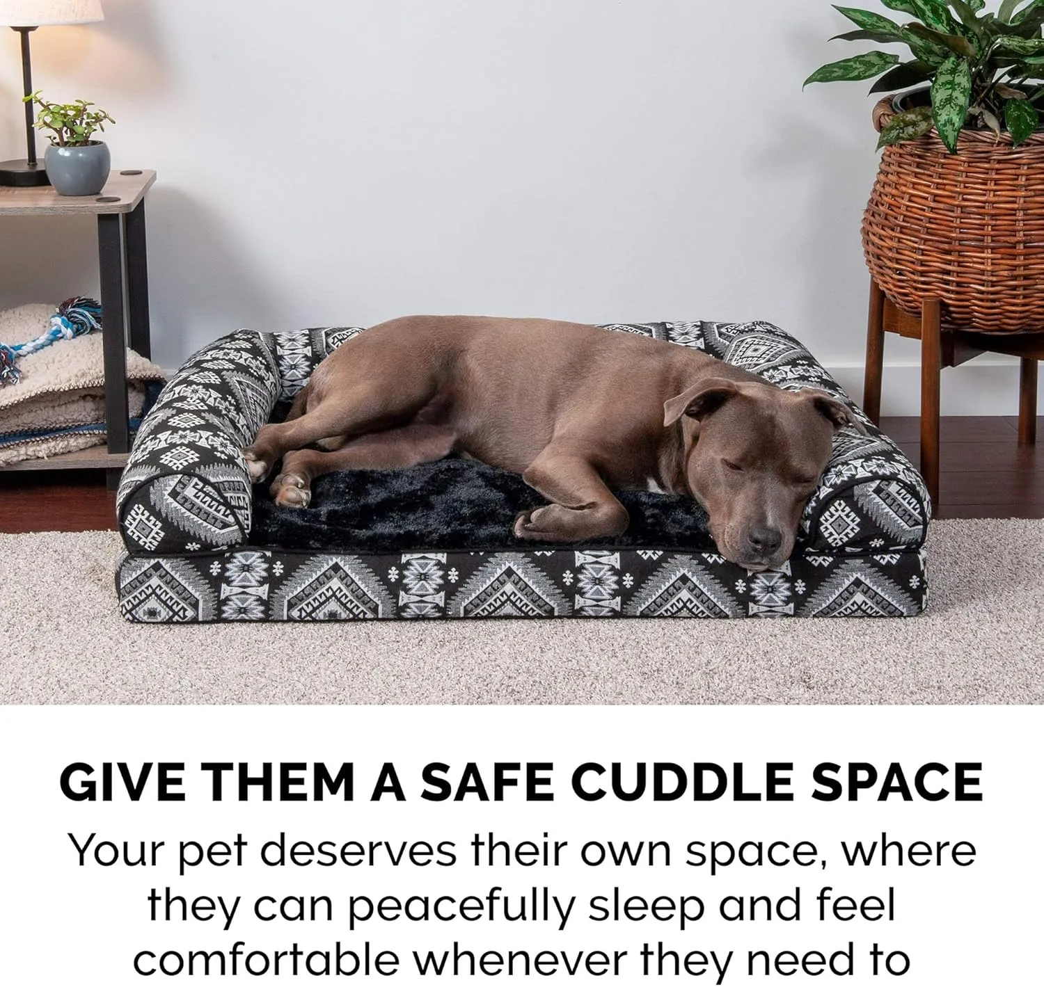 Furhaven Cooling Gel Dog Bed for Large/Medium Dogs w/ Removable Bolsters & Washable Cover, For Dogs Up to 55 lbs - Plush & Southwest Kilim Woven Decor Sofa - Black Medallion, Large
