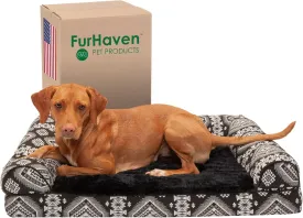 Furhaven Cooling Gel Dog Bed for Large/Medium Dogs w/ Removable Bolsters & Washable Cover, For Dogs Up to 55 lbs - Plush & Southwest Kilim Woven Decor Sofa - Black Medallion, Large