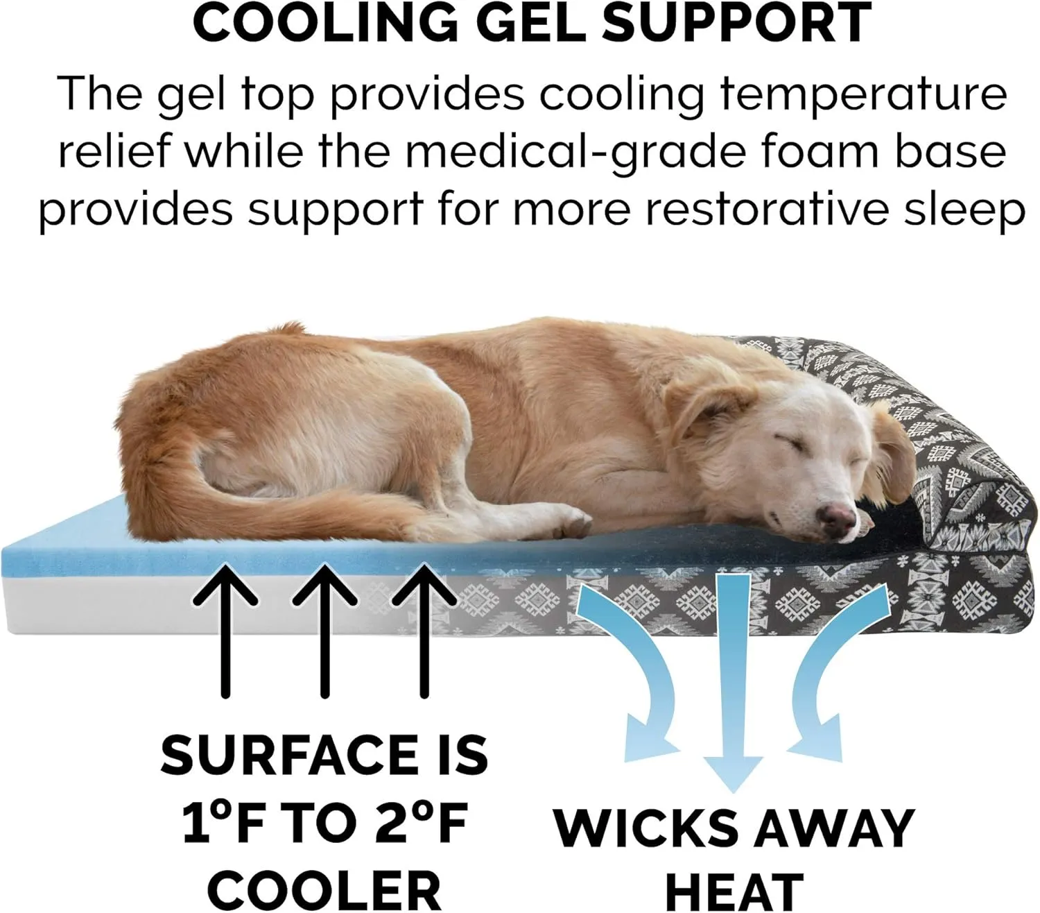 Furhaven Cooling Gel Dog Bed for Large/Medium Dogs w/ Removable Bolsters & Washable Cover, For Dogs Up to 55 lbs - Plush & Southwest Kilim Woven Decor Sofa - Black Medallion, Large