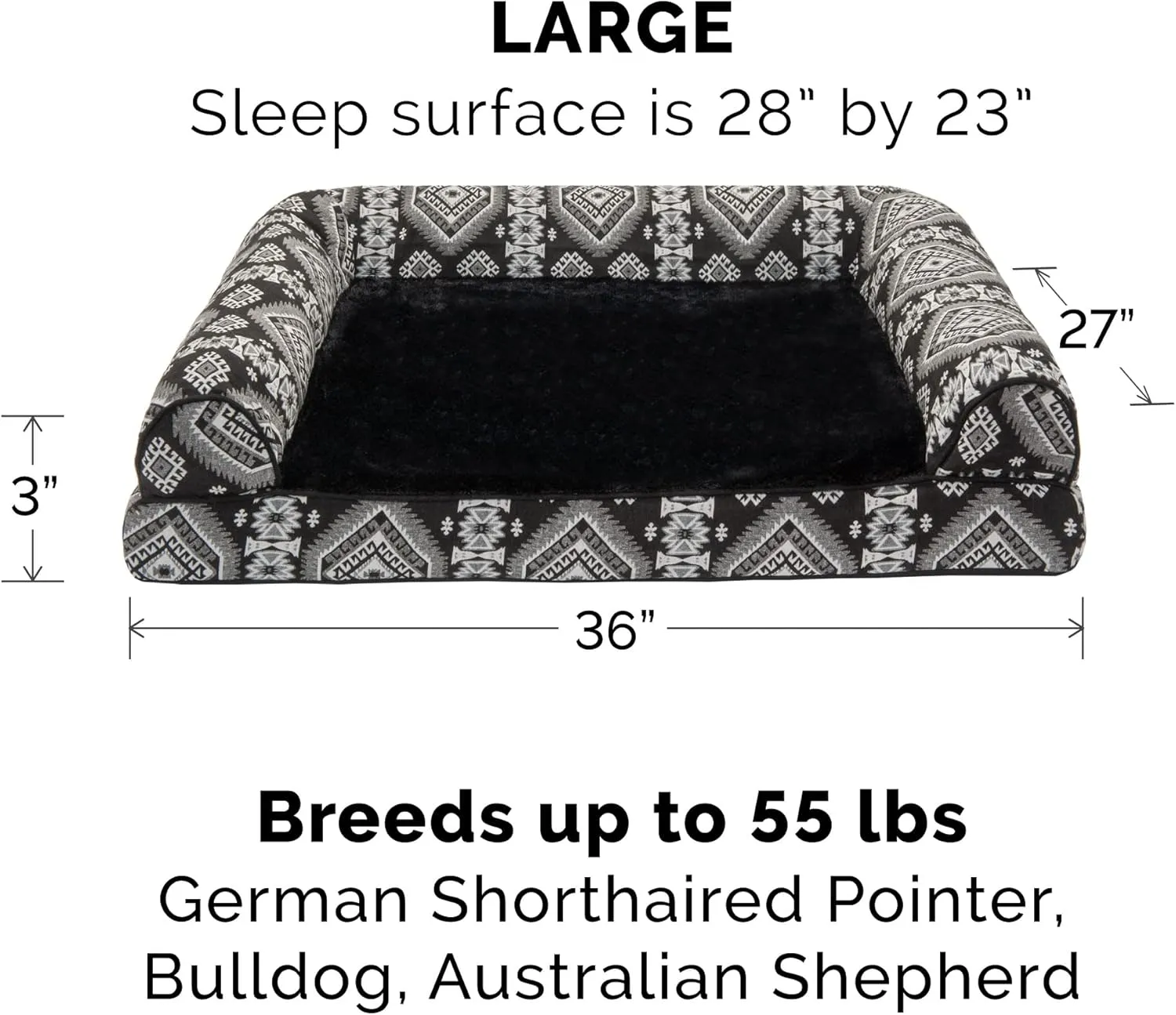 Furhaven Cooling Gel Dog Bed for Large/Medium Dogs w/ Removable Bolsters & Washable Cover, For Dogs Up to 55 lbs - Plush & Southwest Kilim Woven Decor Sofa - Black Medallion, Large