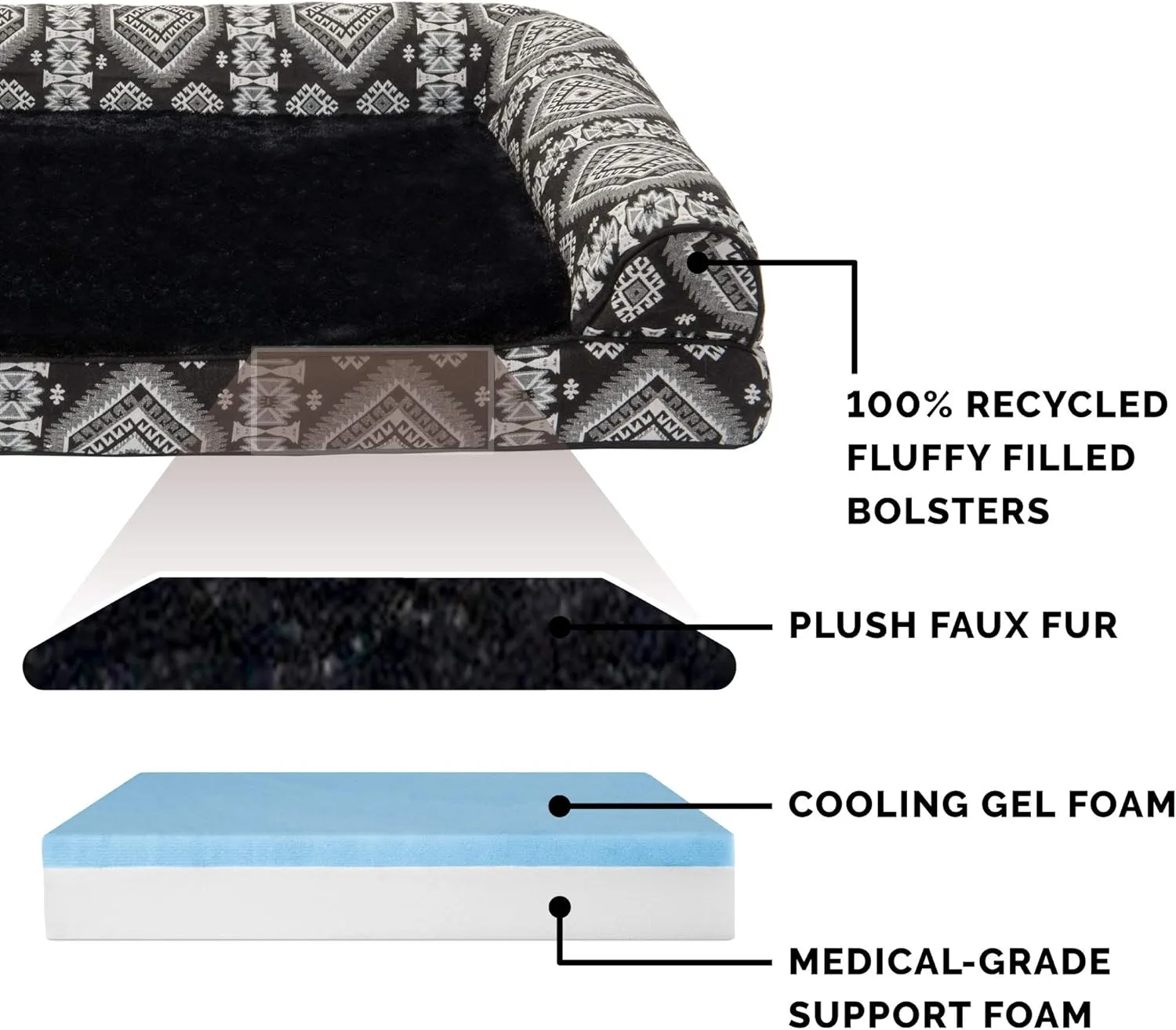 Furhaven Cooling Gel Dog Bed for Large/Medium Dogs w/ Removable Bolsters & Washable Cover, For Dogs Up to 55 lbs - Plush & Southwest Kilim Woven Decor Sofa - Black Medallion, Large