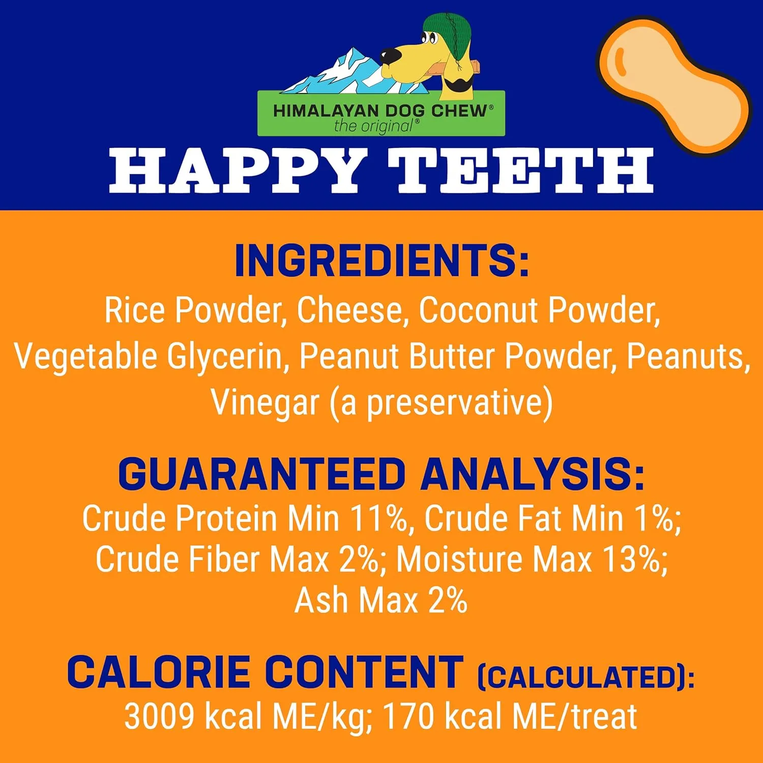 Happy Teeth Natural Cheese Dog Chews | Peanut Butter Flavor | Dental Chew | Protein Rich | Gluten Free - Lactose Free - Wheat Free - Soy Free | 2 Happy Teeth Chews per Resealable Pouch