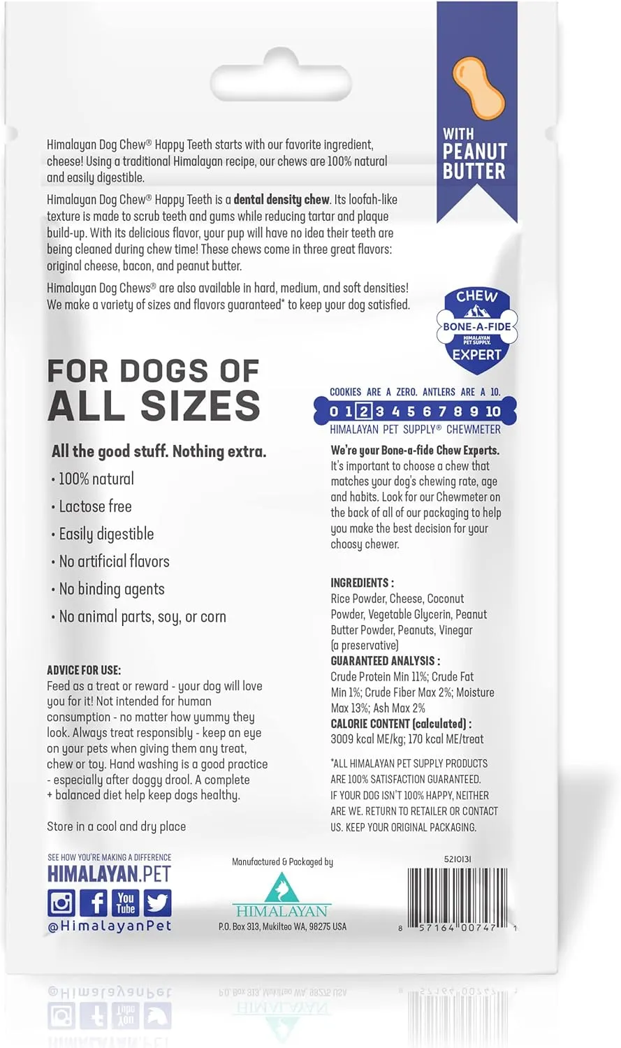 Happy Teeth Natural Cheese Dog Chews | Peanut Butter Flavor | Dental Chew | Protein Rich | Gluten Free - Lactose Free - Wheat Free - Soy Free | 2 Happy Teeth Chews per Resealable Pouch